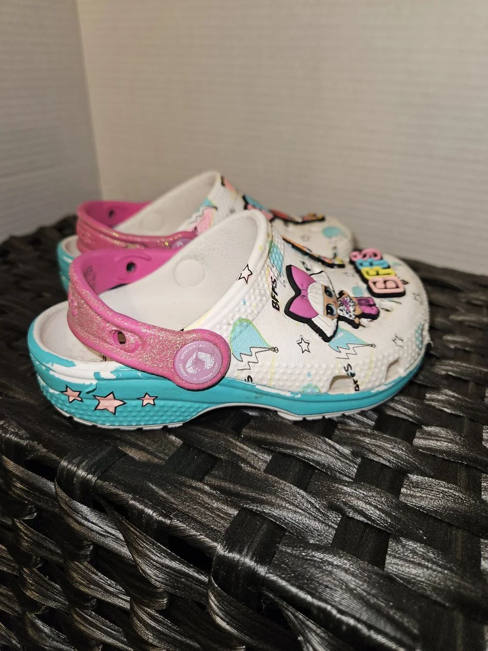 CROCS Kids White Clog Sandals with Pink Straps and Teal Trim - BFFs Characters
